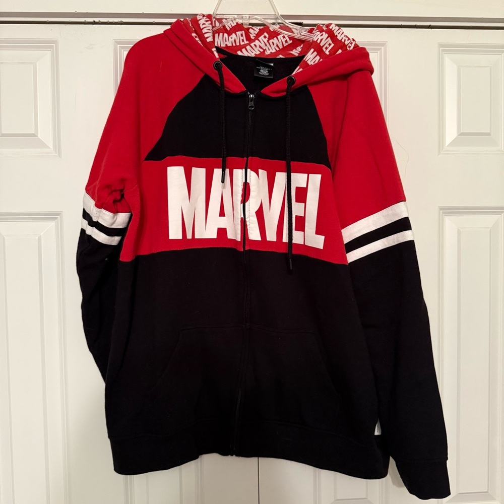 ⭐️ Marvel Men's Red and Black Zip Hoodie with White Logo